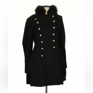 Hilary Radley Black Double-Breasted Wool Coat with Fur Collar and Gold Buttons